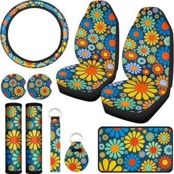 10 Pcs Hippie Flower Car Seat Covers Full Set Universal Car Accessories Colorful Art Floral Seat Cover Steering Wheel Cover Armrest Pad Cover Seat Belt Pads for Women Men Car...