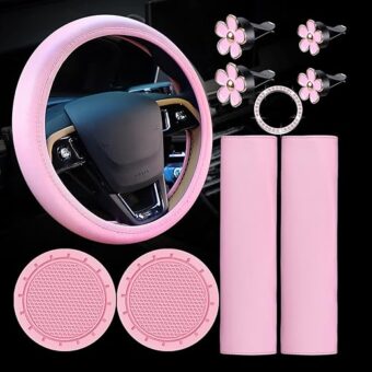 10 Pcs Leather Steering Wheel Cover for Women Cute Car Accessories Set with Seat Belt Shoulder Pads Seatbelt Covers Cup Holders Bling Start Button Ring Sticker Air Vent Clip Car...