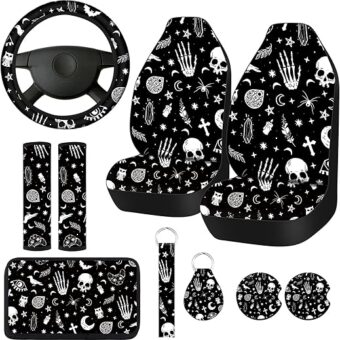 10 Pcs Moon Star Car Seat Cover Full Set for Women Men Steering Wheel Cover Front Seat Cover Belt Pad Armrest Pad Cover Car Coaster Keychain Wrist Holder for Universal Car SUV...