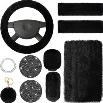 10 Pieces Fluffy Steering Wheel Covers Handbrake Cover Seat Belt Shoulder Pads Gear Shift Cover Diamond Tray Ignition Ring Ball Key Chain Armrest Box Mat (Black)