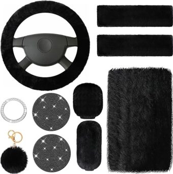 10 Pieces Fluffy Steering Wheel Covers Handbrake Cover Seat Belt Shoulder Pads Gear Shift Cover Diamond Tray Ignition Ring Ball Key Chain Armrest Box Mat (Black)