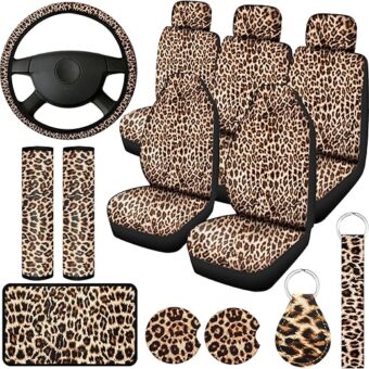 13 Pieces Leopard Print Car Seat Covers Full Set, Leopard Car Accessories Set, Leopard Seat Covers Steering Wheel Cover, Car Pads Armrest Pad Cover Seat Belt Pads and Keychain...