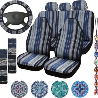 14 Pcs Baja Car Seat Covers Full Set Multicolor Blue Saddle Blanket Striped Boho Car Seat Covers Steering Wheel Cover Seat Belt Pads Cover Crystal Hanging Ornament Cup Mats Fit...