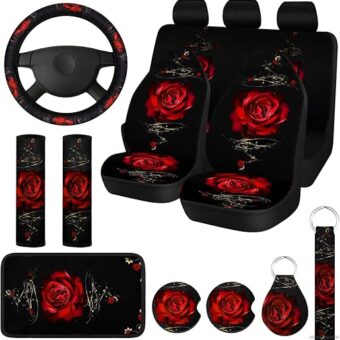 15 Pcs Rose Art Flower Car Seat Covers Full Set for Women Rubber Steering Wheel Cover Armrest Cover Seatbelt Covers Polyester Fabric Front Seat Rear Backrest Cover Bottom Cover...