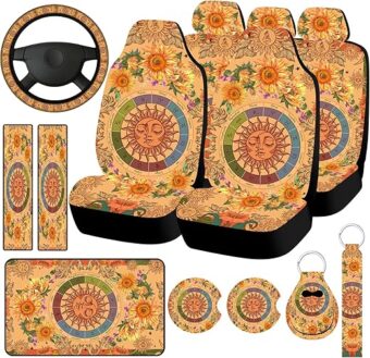 15 Pcs Yellow Sun Moon Sunflower Vintage Boho Car Seat Covers Full Set Steering Wheel Cover Auto Front and Back Seat Protector Cover with Seat Belt Cover, Armrest Cover and...