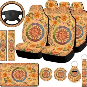 15 Pcs Yellow Sun Moon Sunflower Vintage Boho Car Seat Covers Full Set Steering Wheel Cover Auto Front and Back Seat Protector Cover with Seat Belt Cover, Armrest Cover and...