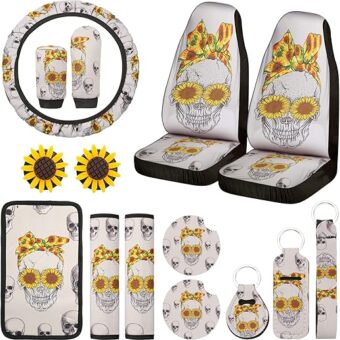 15 Pieces Skull Sunflower Car Front Seat Cover Car Accessories Set Sunflower Print Steering Wheel Cover Seat Belt Pads Armrest Pad Handbrake Gear Cover Keyring Interior Decor...