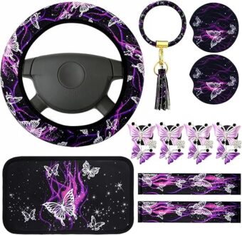 16 Pcs Butterfly Car Accessories Purple Steering Wheel Cover Air Fresheners Vent Clips Seat Belt Pads Cup Holders Armrest Cushion Keyring Bracelet Sheets for Car SUV Interior...