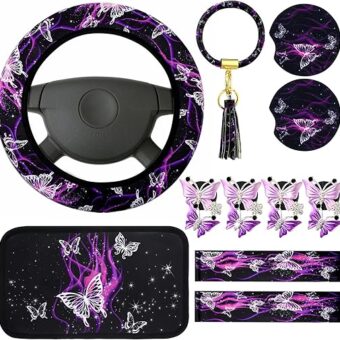 16 Pcs Butterfly Car Accessories Purple Steering Wheel Cover Air Fresheners Vent Clips Seat Belt Pads Cup Holders Armrest Cushion Keyring Bracelet Sheets for Car SUV Interior...