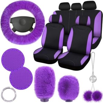 17 Pcs Car Seat Cover Full Set, Car Seat Covers for Car Front Rear Cover Fluffy Steering Wheel Covers Soft Fleece Handbrake Cover Shift Cover Hanging Accessory Holder Ring...