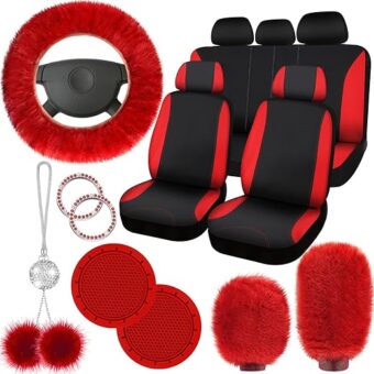 17 Pcs Car Seat Cover Full Set, Car Seat Covers for Car Front Rear Cover Fluffy Steering Wheel Covers Soft Fleece Handbrake Cover Shift Cover Hanging Accessory Holder Ring...