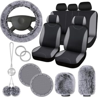 17 Pcs Car Seat Cover Full Set for Women Universal Fit Car Front Rear Seat Covers Fluffy Steering Wheel Covers Fleece Handbrake Shift Cover Hanging Accessory Holder Ring Emblem...