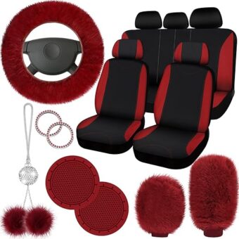 17 Pcs Car Seat Cover Full Set for Women Universal Fit Car Front Rear Seat Covers Fluffy Steering Wheel Covers Fleece Handbrake Shift Cover Hanging Accessory Holder Ring Emblem...