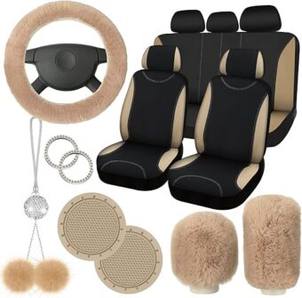 17 Pcs Car Seat Cover Full Set for Women Universal Fit Car Front Rear Seat Covers Fluffy Steering Wheel Covers Fleece Handbrake Shift Cover Hanging Accessory Holder Ring Emblem...