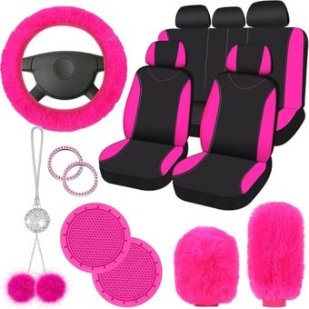 17 Pcs Car Seat Cover Full Set for Women Universal Fit Car Front Rear Seat Covers Fluffy Steering Wheel Covers Fleece Handbrake Shift Cover Hanging Accessory Holder Ring Emblem...