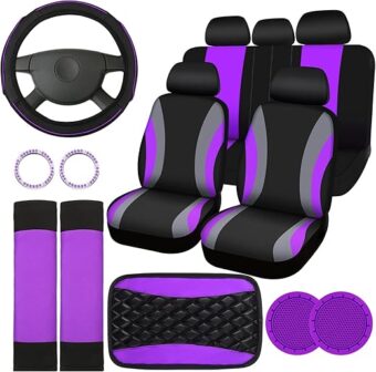 17 Pcs Car Seat Covers Full Set, Steering Wheel Cover Center Console Pad Armrest Cover Seat Safety Belt Pad Seatbelt Covers Cup Mats Car Emblem Ring Sticker Car Accessories Set...