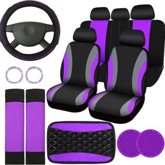 17 Pcs Car Seat Covers Full Set, Steering Wheel Cover Center Console Pad Armrest Cover Seat Safety Belt Pad Seatbelt Covers Cup Mats Car Emblem Ring Sticker Car Accessories Set...