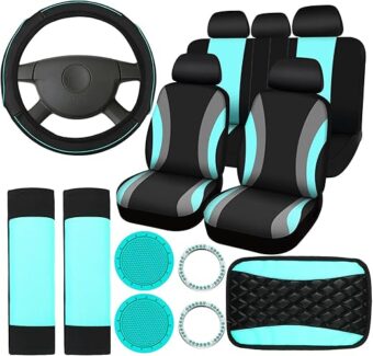 17 Pcs Car Seat Covers Full Set, Steering Wheel Cover Center Console Pad Armrest Cover Seat Safety Belt Pad Seatbelt Covers Cup Mats Car Emblem Ring Sticker Car Accessories Set...