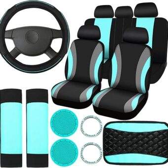 17 Pcs Car Seat Covers Full Set, Steering Wheel Cover Center Console Pad Armrest Cover Seat Safety Belt Pad Seatbelt Covers Cup Mats Car Emblem Ring Sticker Car Accessories Set...