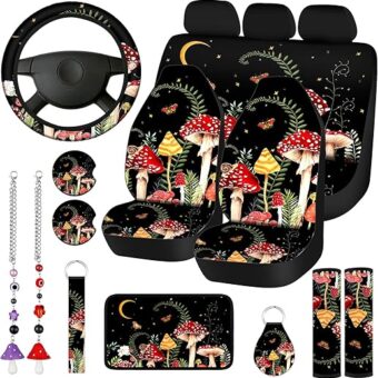 17 Pcs Mushroom Car Seat Covers Mushroom Car Accessories Full Set for Women Men Automotive Rear Front Seat Protector View Mirror Hanging Ornament Steering Wheel Belt Cover...