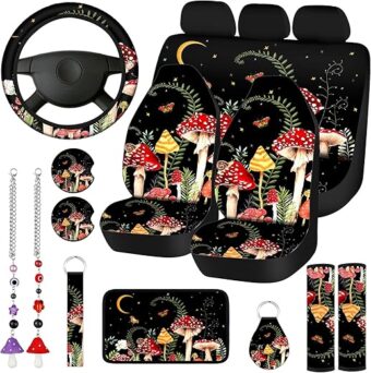 17 Pcs Mushroom Car Seat Covers Mushroom Car Accessories Full Set for Women Men Automotive Rear Front Seat Protector View Mirror Hanging Ornament Steering Wheel Belt Cover...