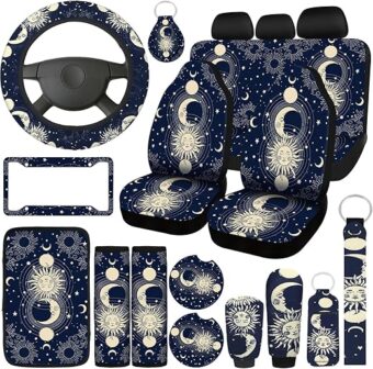 19 Pcs Moon Stars Sun Car Seat Covers, Full Set Car Accessories Steering Wheel Cover Front Rear Seat Cover Headrest Armrest Cover Seat Belt Cover Cup Holder Keychains Wrist...