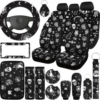 19 Pcs Skull Cat Moon Car Seat Covers, Full Set Car Accessories Steering Wheel Cover Front Rear Seat Cover Headrest Armrest Cover Seat Belt Cover Cup Holder Keychains Wrist...