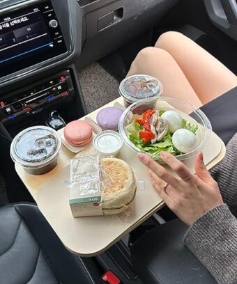 2-in-1 Drive-Thru Tray: Car Food Tray, Wood Car Trays for Eating in Parked Car, Car Desk for Laptop, Car Office, Car Cup Holder Tray, Car Table Tray Gift for Road Trip, Taxi,...