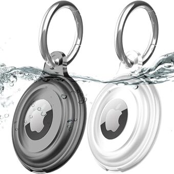 2 Pack IPX8 Waterproof AirTag Keychain Holder Case, Lightweight, Anti-Scratch, Easy Installation,Soft Full-Body Shockproof Air Tag Holder for Luggage,Keys, Dog Collar (Black+Clear)