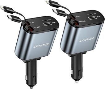 [2 Pack] Retractable Car Charger 4 in 1 Fast Car Phone Charger 69W, Type C Car Charger Adapter with 2X Retractable Phone Charger Cables and 2X USB Ports for iPhone 15/14/13/12,...