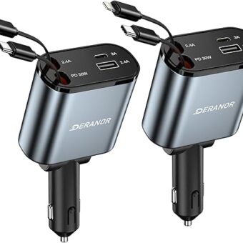 [2 Pack] Retractable Car Charger 4 in 1 Fast Car Phone Charger 69W, Type C Car Charger Adapter with 2X Retractable Phone Charger Cables and 2X USB Ports for iPhone 15/14/13/12,...