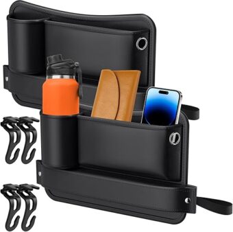 2 Packs Car Seat Gap Filler Organizer, Leather Car Seat Organizer with Cup Holder for Drinks, Phones, Cards. Multifunctional Car Organizers and Storage with 4 Hooks Car...