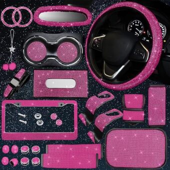 25PCS Bling Car Parts Set,Bling Car Parts Set Female Universal Fit 15 Inches,Bling Iicense Plate Frame,Bling Center Console Cover,Bling Rearview Mirror Set,Other Car...