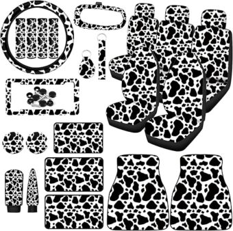 26 Pieces Cow Print Car Accessories Set Car Seat Cover Cow Steering Wheel Cover Seat Belt Cover Cup Holder License Plate Cover with Screws Mirror Covers Handbrake Gear Cover...