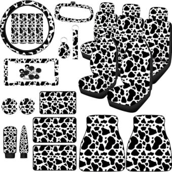 26 Pieces Cow Print Car Accessories Set Car Seat Cover Cow Steering Wheel Cover Seat Belt Cover Cup Holder License Plate Cover with Screws Mirror Covers Handbrake Gear Cover...