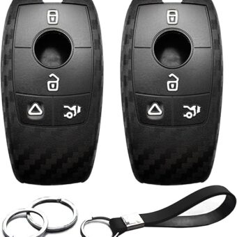 2pcs Compatible with Mercedes Benz Key Fob Cover Case Key Chain fit for A B C E G S CLA CLS GLA GLB GLC GLE GLS Glass Accessories Protector Keyless Remote Holder Carbon Fiber Black