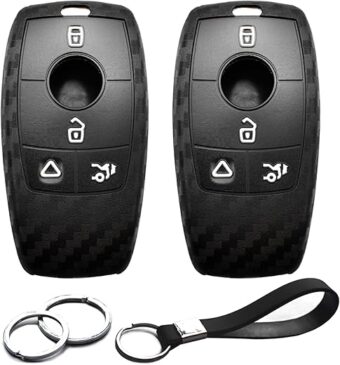 2pcs Compatible with Mercedes Benz Key Fob Cover Case Key Chain fit for A B C E G S CLA CLS GLA GLB GLC GLE GLS Glass Accessories Protector Keyless Remote Holder Carbon Fiber Black