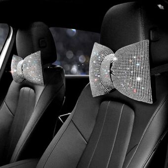 2PCS Rhinestone Car Headrest Neck Pillow for Driving with Bling Bling Crystal Bow Pillow Car Accessories for Women (Silver/White)