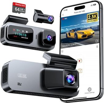 3 Channel 5GHz WiFi Dash Cam with 64GB Card, 2.5K+1080P Dash Cam Front and Rear/Inside, 2.5K+1080P+1080P Three Way Dash Camera for Cars, Dashcam 24H Parking Mode, Support 256GB...