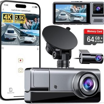 3 Channel WiFi Dash Cam with 64GB Card, 4K+1080P Dash Cam Front and Rear, 4K+1080P Front Inside Car Camera, 2.5K+1080P+1080P Three Way Dash Camera for Cars, 24H Parking Mode,...