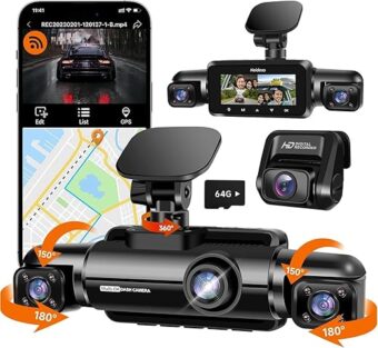 360° Dash Cam Front and Rear Inside, 4 Channel FHD 4 * 1080P, Wi-Fi GPS Voice Control Car Camera, Front 2K+1080P*2 Dash Camera for Cars, with 64GB SD Card, Night Vision, 24H...