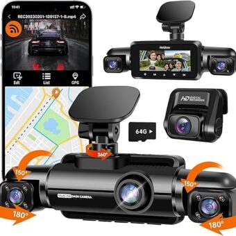 360° Dash Cam Front and Rear Inside, 4 Channel FHD 4 * 1080P, Wi-Fi GPS Voice Control Car Camera, Front 2K+1080P*2 Dash Camera for Cars, with 64GB SD Card, Night Vision, 24H...