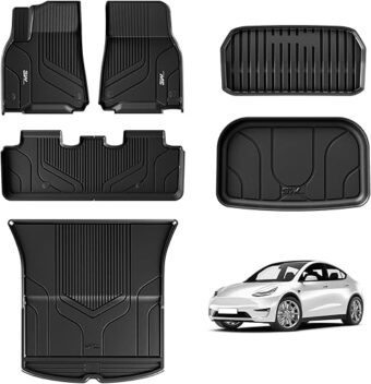 3W Tesla Model Y Floor Mats, All-Weather TPE Floor Liner Compatible for Tesla Model Y 2020-2024, Full Set Black Floor Mats and Cargo Liner Mat Accseeories Custom Fit for Tesla...