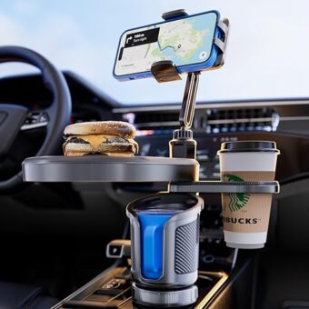 4-in-1 Car Cup Holder Tray Adjustable Food Table Tray for Car with 360° Rotatable Phone Holder Extra Beverage Cup Holder 4 Expandable Bases for Stability Road Trip & Car Travel...