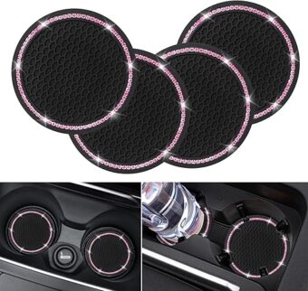 4 Pack Car Coasters, Universal Vehicle Bling Car Coaster, Cute Rhinestone Coaster for Cup Holders,Interior Accessories 2.75'' Silicone Anti Slip Car Coasters for Women (Pink...