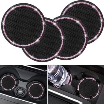 4 Pack Car Coasters, Universal Vehicle Bling Car Coaster, Cute Rhinestone Coaster for Cup Holders,Interior Accessories 2.75'' Silicone Anti Slip Car Coasters for Women (Pink...