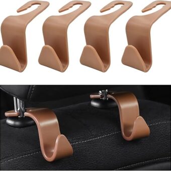 4 PCS Car Seat Headrest Hooks, Auto Seat Hook Hangers Storage Organizer, Back Seat Hanger for Car Handbag Clothes Coats Grocery Bags, Universal Interior Car Accessories (Brown)