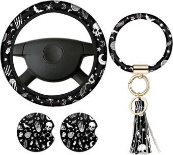 4 Pieces Black Moons White Stars Print Car Accessories Set Black Moons White Stars Steering Wheel Cover with 2 Pieces Car Cup Holder and Leather Keyring for Car Truck SUV...