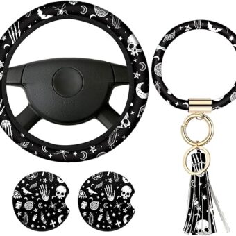 4 Pieces Black Moons White Stars Print Car Accessories Set Black Moons White Stars Steering Wheel Cover with 2 Pieces Car Cup Holder and Leather Keyring for Car Truck SUV...