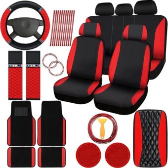 43 Pcs Bling Car Accessories Set for Women Front Seats and Rear Bench Polyester Car Seat Protectors Wheel Cover Seat Car Floor Mats Full Crystal Automotive Interior Decor(Red...